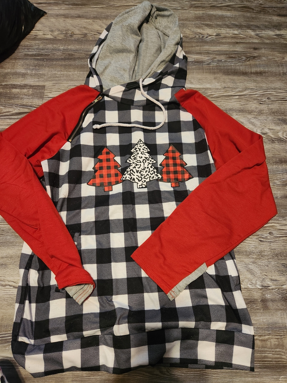 Red Sleeve Black & White Buffalo Plaid Hoodie with Tree Appliqués